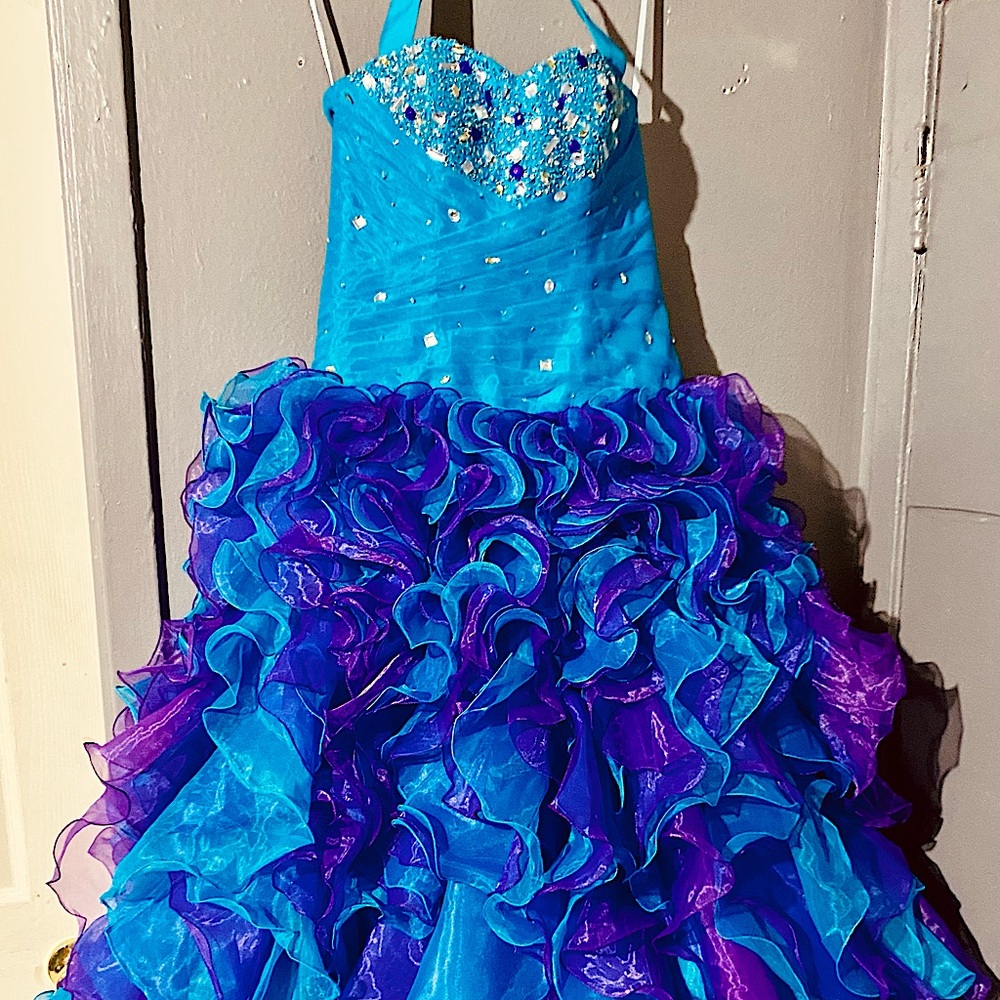 Strapless turquoise and purple ball gown design prom dress,